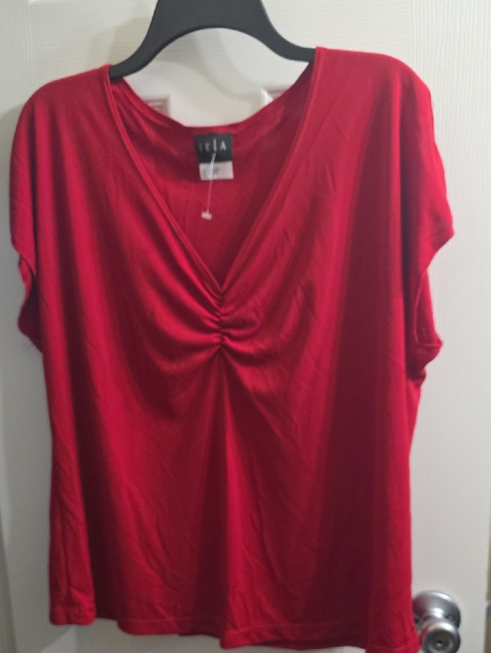 JKLA California Red V-Neck Gathered Front Short Sleeve Blouse Size 1X
